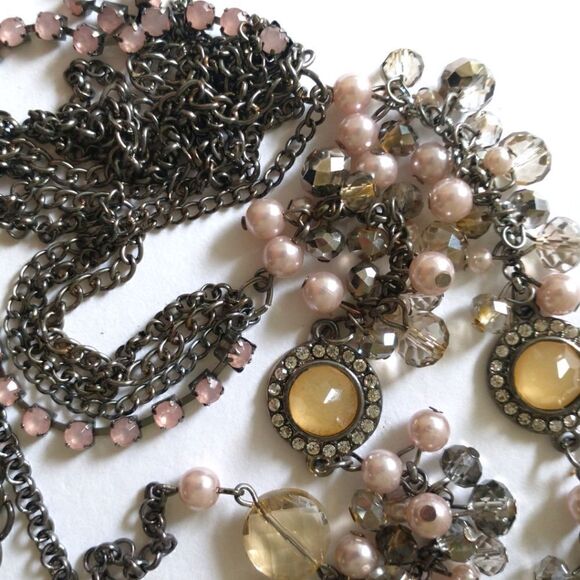 Bohemian Multi Strand Necklace Rhinestones Beaded Gunmetal Simply Vera Wang - Picture 8 of 16
